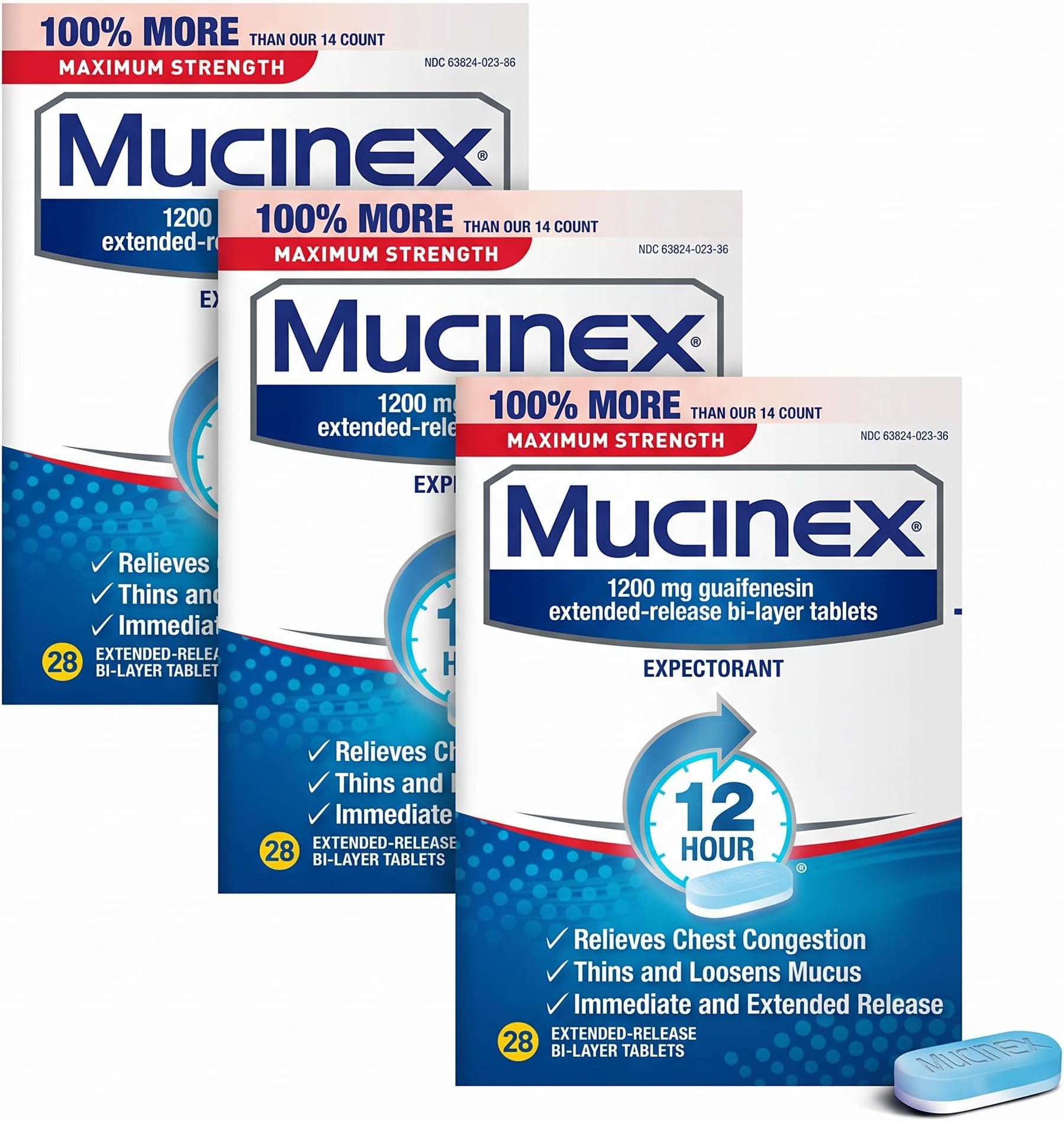 Maximum Strength 12 Hour Chest Congestion Expectorant Relief Tablets, 1200 mg, 28 Count, Thins & Loosens Mucus (Pack of 3)