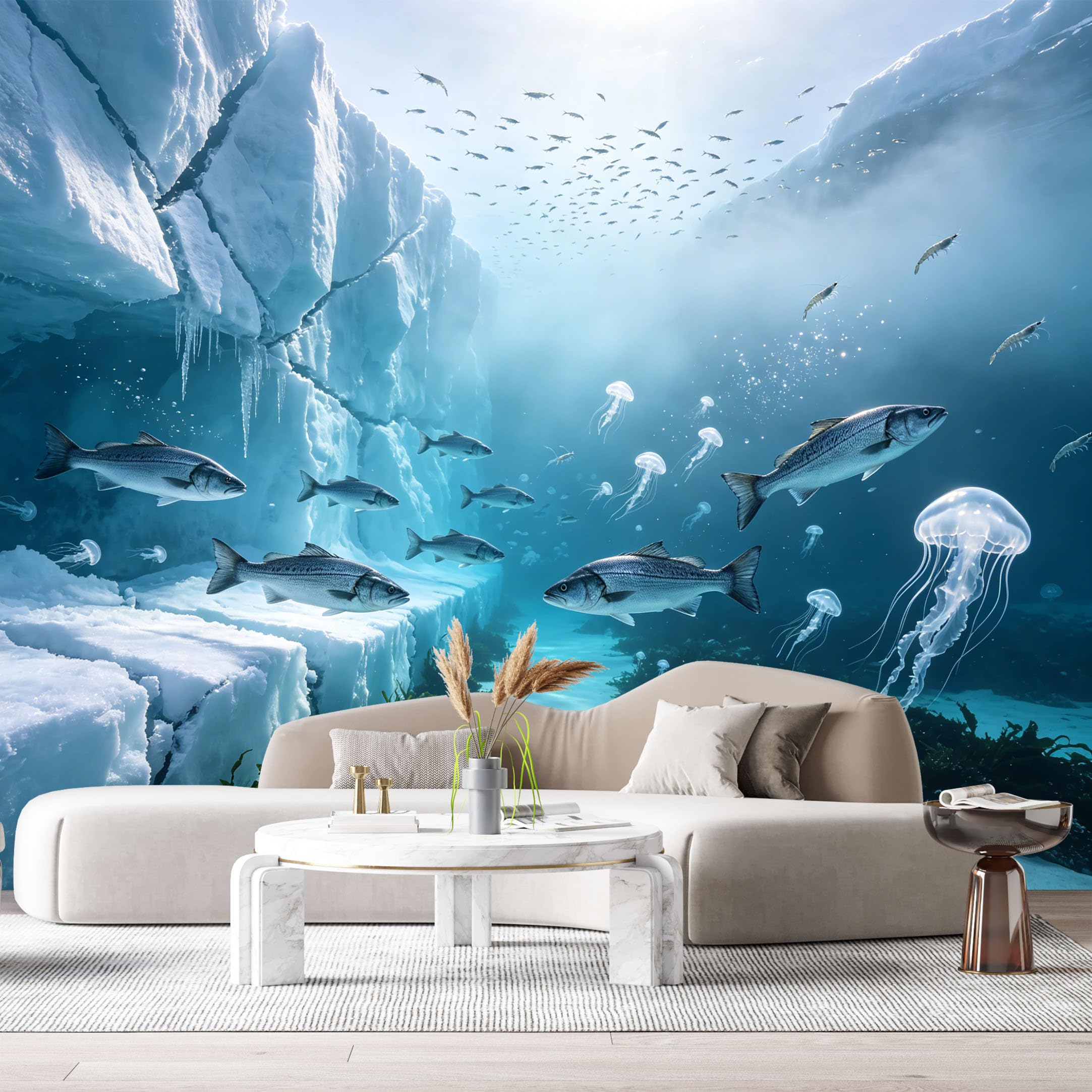 Custom Size Wall Murals Ocean Marine 3D Underwater Iceberg Jellyfish Fish Schools SelfAdhesiveWall Fabric Removable Wallpaper Wall Decor for Living Room Bedroom Bathroom