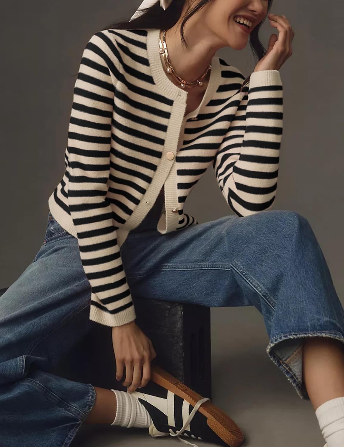 Lentta Womens Striped Knit Cardigan Sweater Crew Neck Long Sleeve Button Front Outerwear - Image 3