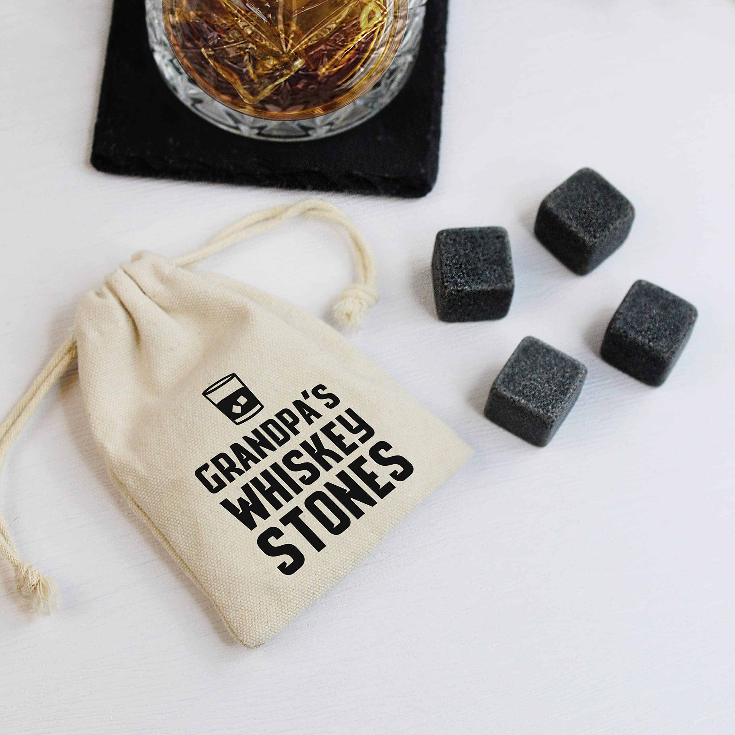 eBuyGB Grandpa's Whiskey Stones with Cotton Drawstring Bag & 4 Soapstone Reusable Ice Cubes Father's Day, Birthday Gift for Him, Dad