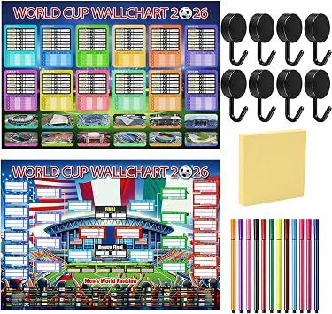 2026 World Cup schedule poster tracks tournament progress and results 2 flags and writing instrument Includes display team support, 12 pens, 8 hooks, and notepad