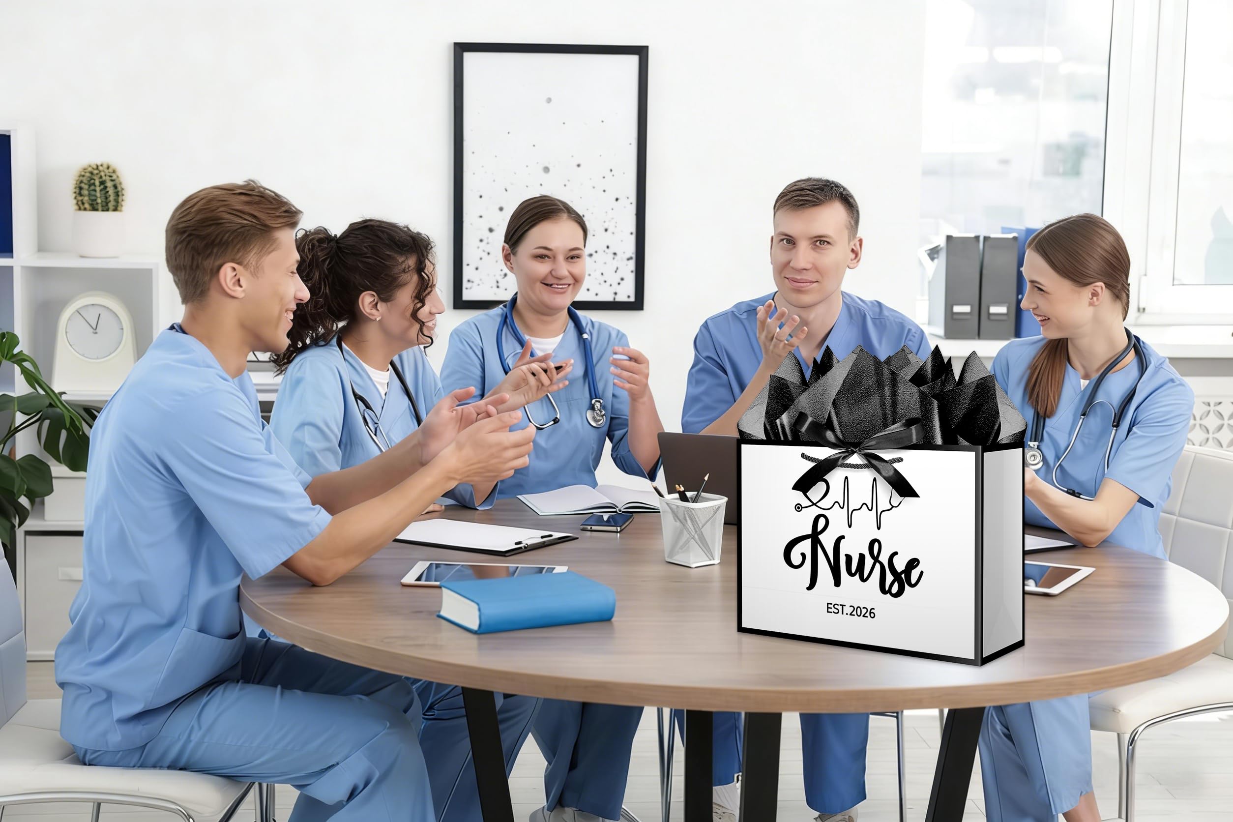 XiaosRen 12.6" White and Black Nurse Gift Bag, EST 2026 Nurse Graduation Gift Bag with Tissue Paper, Card and Ribbon, for Nurses Day, Medical Graduates.