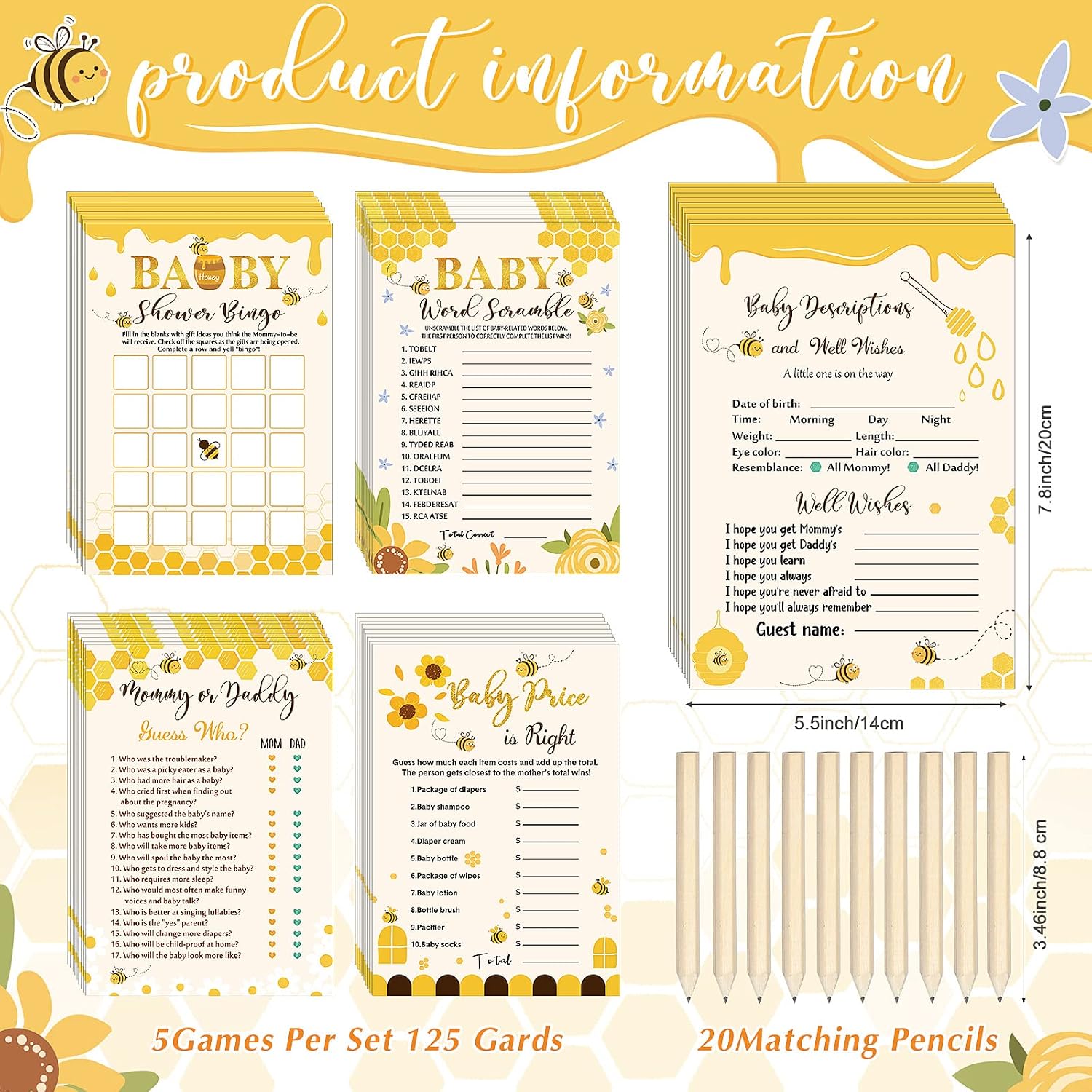 Roowest 145 Pcs Bee Baby Shower Games Gender Neutral, 5 Kinds, 20 Pencils