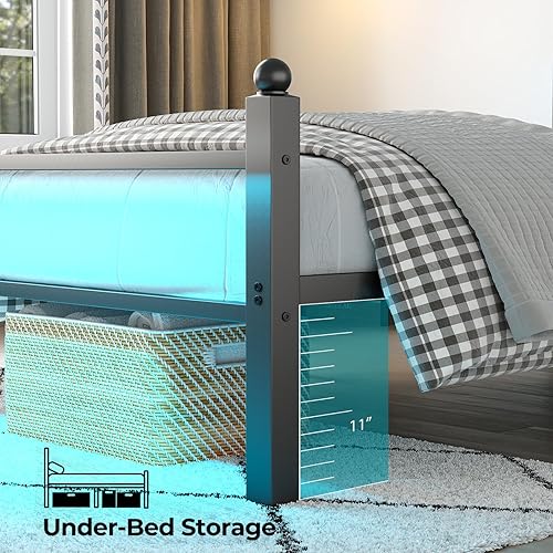 Miniatura 24 de Base de cama de tamaño individual con estación de carga y luces LED, marco de cama de metal con cabecero, cabecera tapizada negra con estantes de