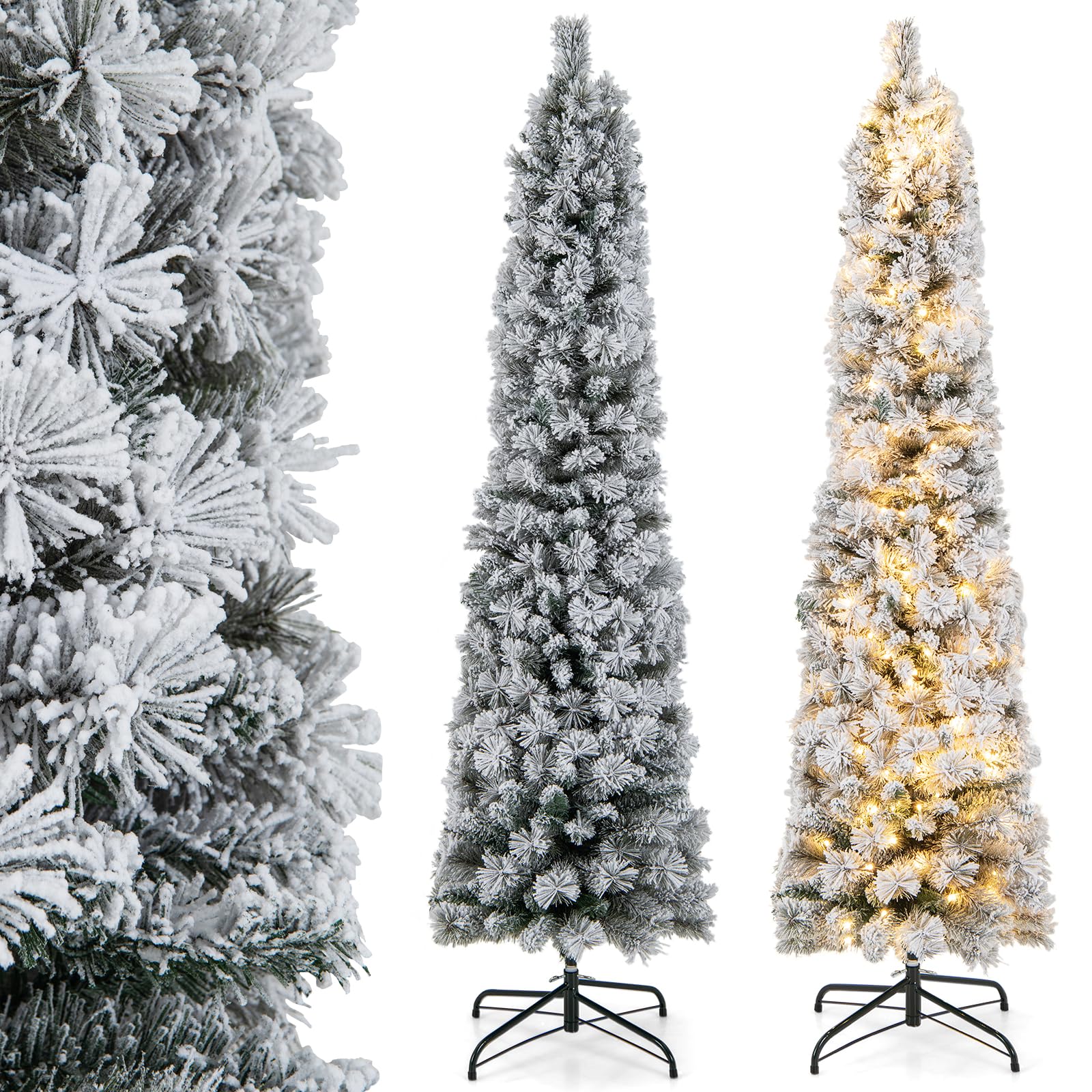 COSTWAY 180 cm Bleistift Weihnachtsbaum mit Schnee, Tannenbaum künstlich mit Beleuchtung, 150 LEDs in warmweiß, Christbaum schmal mit Metallständer, Kunstbaum Weihnachten PVC, Weiß