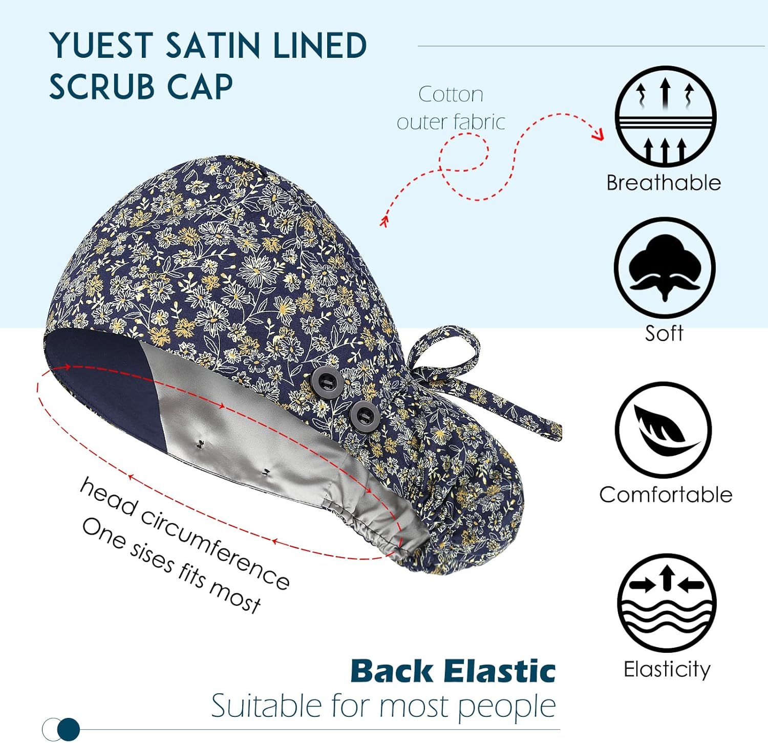 Satin Lined Scrub Caps with Buttons & Sweathand, Surgical Caps for Women - Image 3