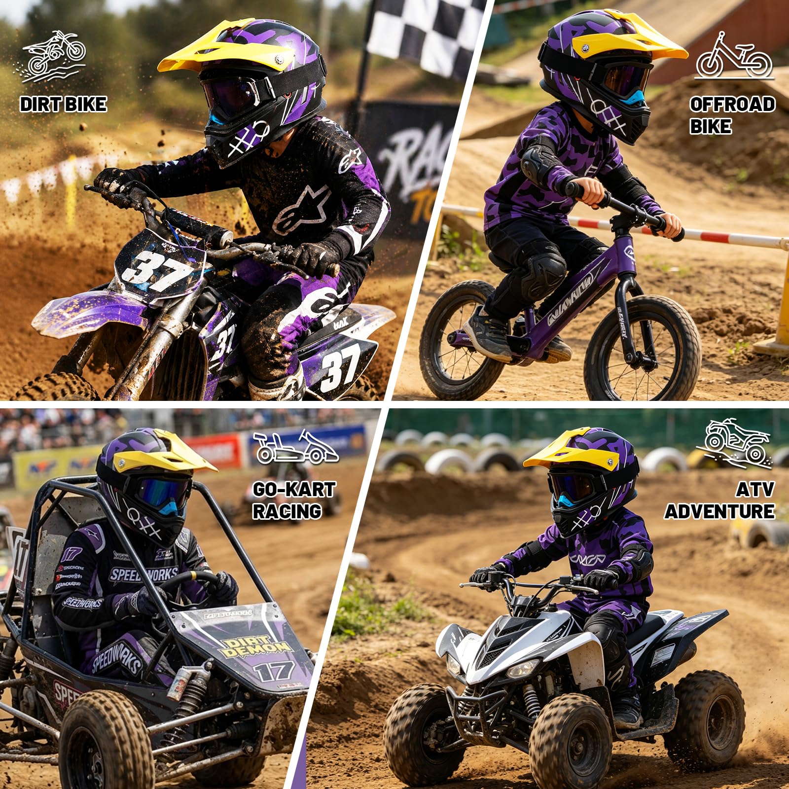 Favoto Casco Motocross Bambino con Occhiali – Protezione Professionale ECE 22.06 per Offroad, Cross e Dirt Bike, Viola-Giallo M (51–52 cm)