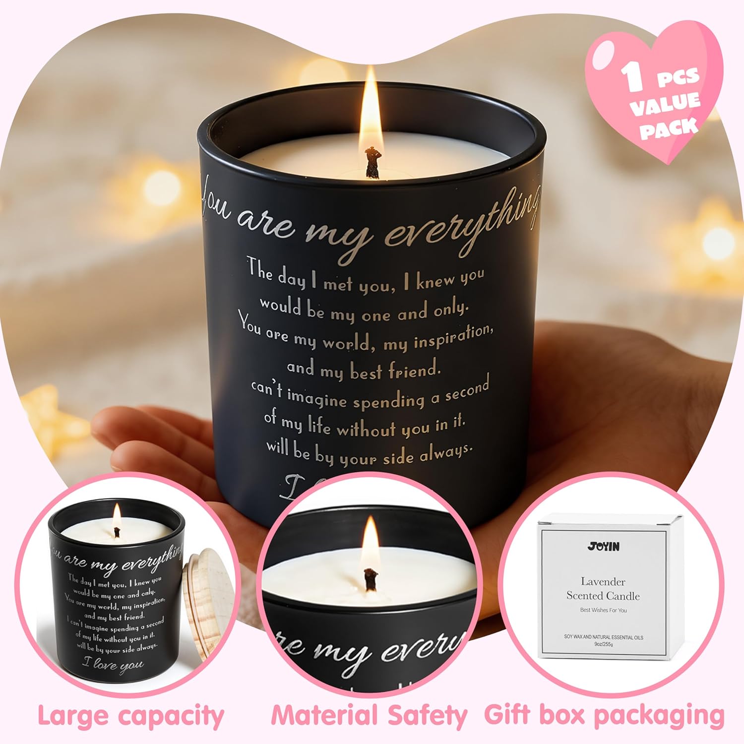 JOYIN Valentines Day Lavender Scented Candle, Long Lasting Candle, Romantic Lavender Scented Candle for Girlfriend Boyfriend Husband Wife for Valentines Day, Birthday Gift(9Oz) - Image 6