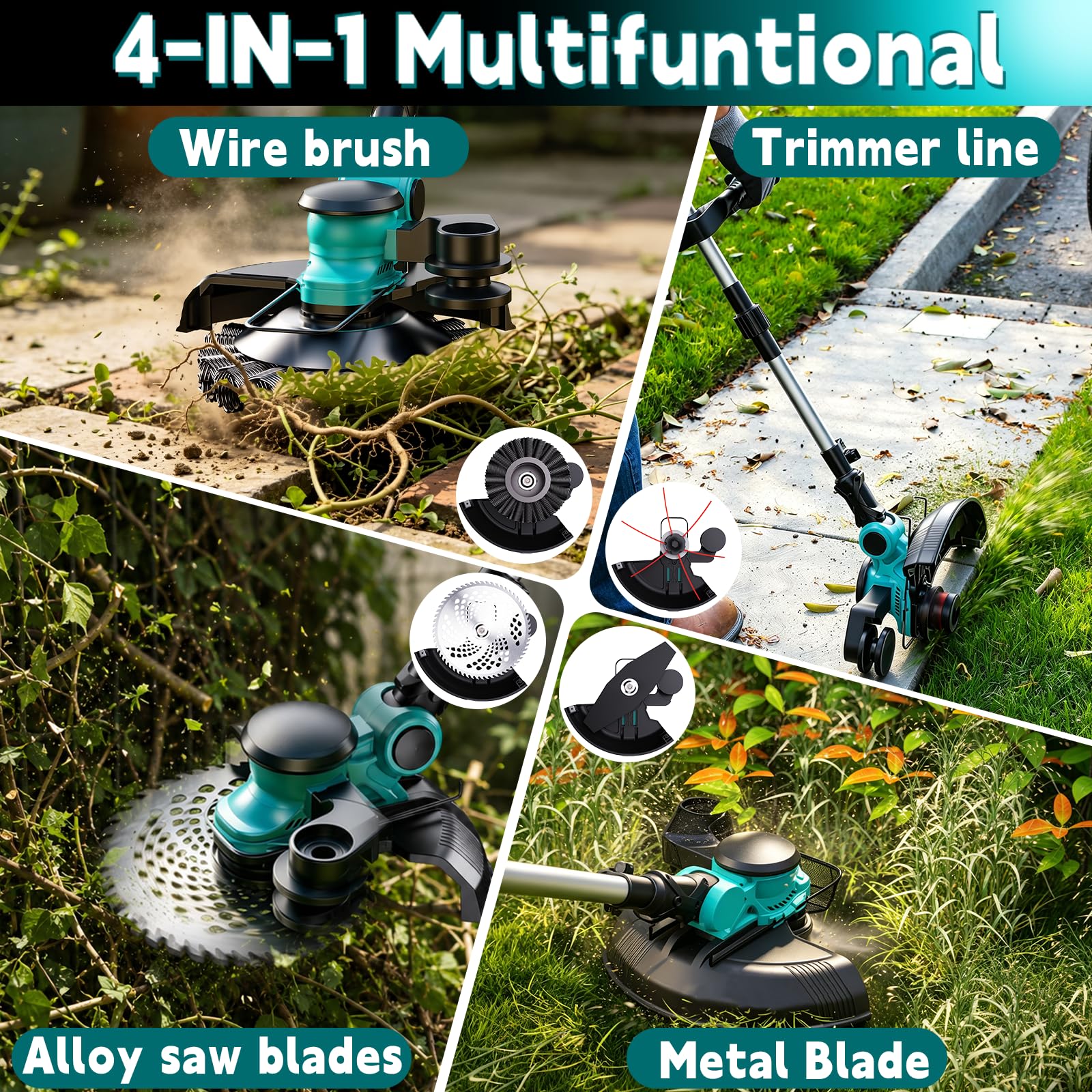 Rasentrimmer mit Akku,Elektro Rasentrimmer mit 2 X 4.0Ah Akkus und Ladegerätn,freischneider mit unkrautbürste,1000W Bürstenloser Motor,Elektro Trimmer Gartenkantenfräser für Garden und Rasen