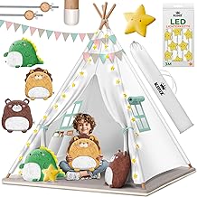 KIDIZ Tipi Children's Camping Tent 100 x 100 x 160 cm Cotton with LED Light Chain Luminous Stars Flag Garland 3 Plush Toy Mat and Carry Bag