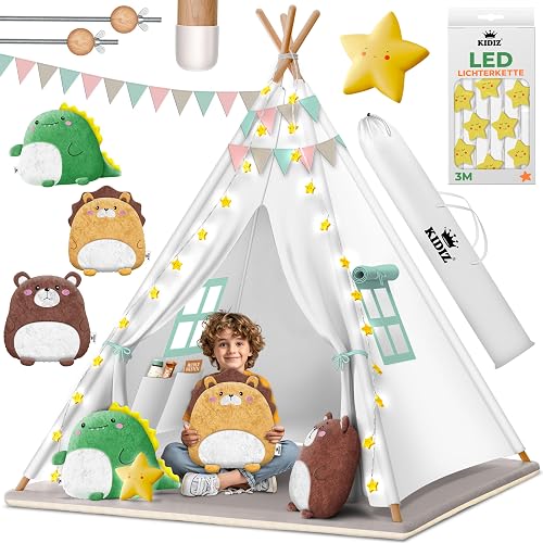 KIDIZ - Tienda de campaña infantil para niños, 100 x 100 x 160 cm, algodón, con cadena de luces LED…