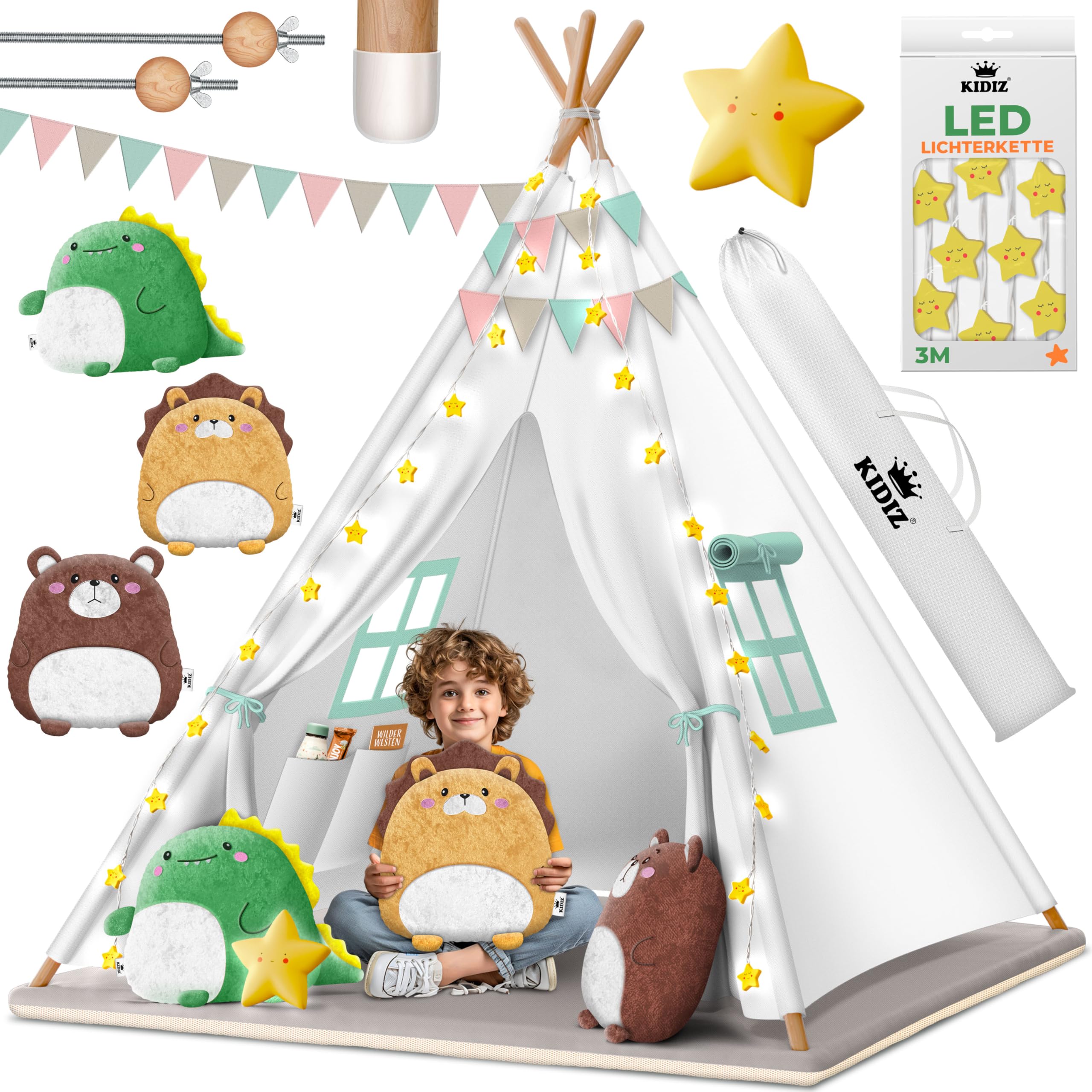 KIDIZ Tente de jeu pour enfant - 100 x 100 x 160 cm - En coton - Avec guirlande lumineuse LED, étoiles lumineuses, guirlande de drapeaux, 3 animaux en peluche, tapis et sac de transport - Pour
