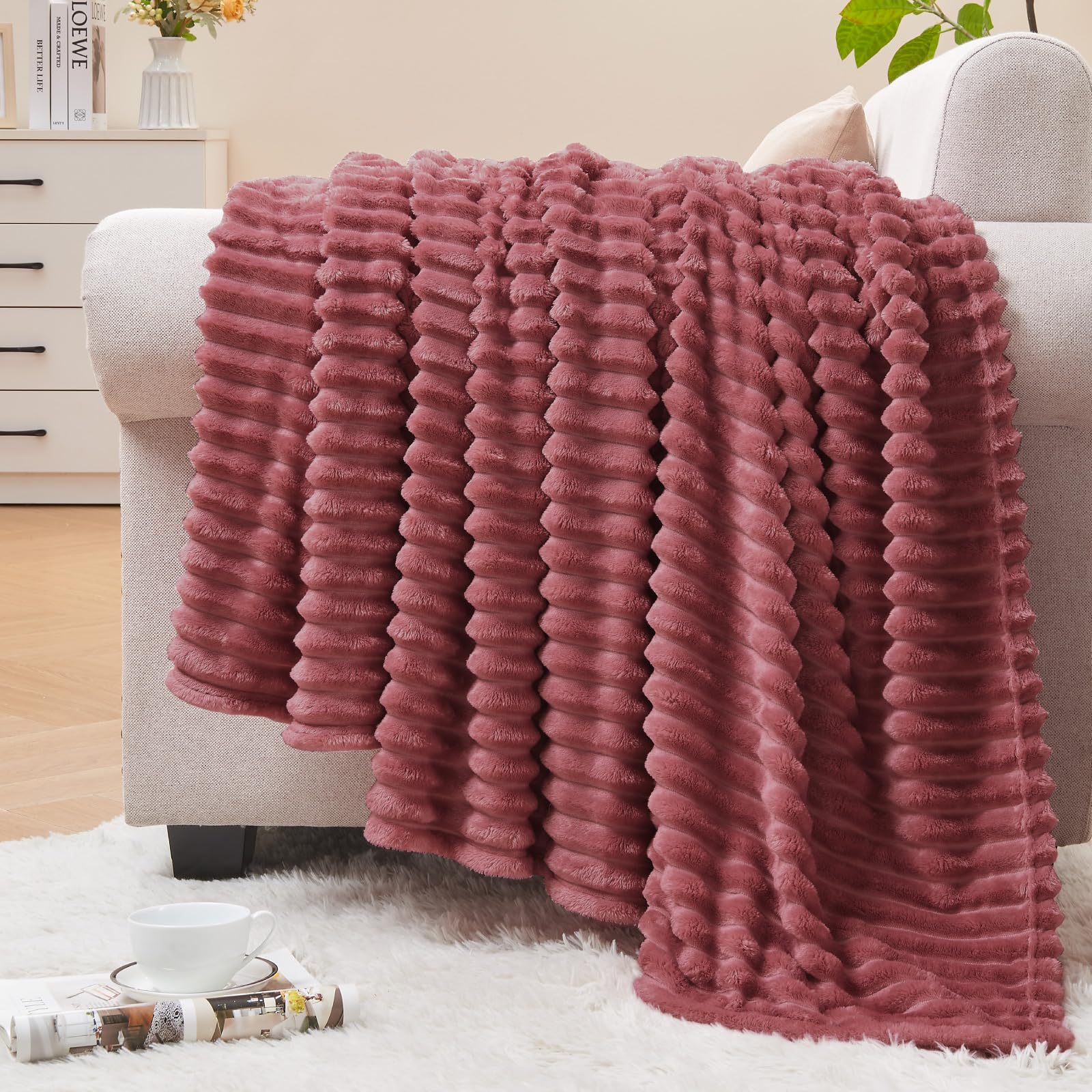 BEDELITE 3D Ribbed Brick Dust Fleece Throw Blanket for Couch, 50x60 Inch | Soft Warm Decorative Fluffy Blanket, Cozy Plush Lightweight Fuzzy Throw Blanket for Bed Sofa Home Room Decor, Gift for Women