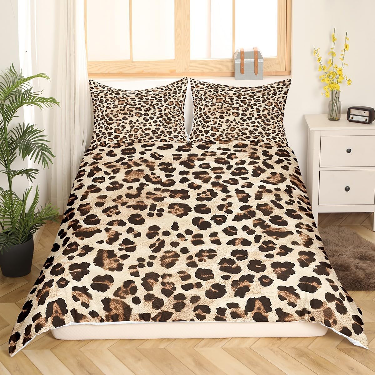 Feelyou Brown Leopard Bedding Set Full Size Cheetah Duvet Cover for Boys Girls Teens Bedroom Decor Animal Print Comforter Cover Set Women Men Safari Bedspread Cover with 2 Pillow Case, No Comforter