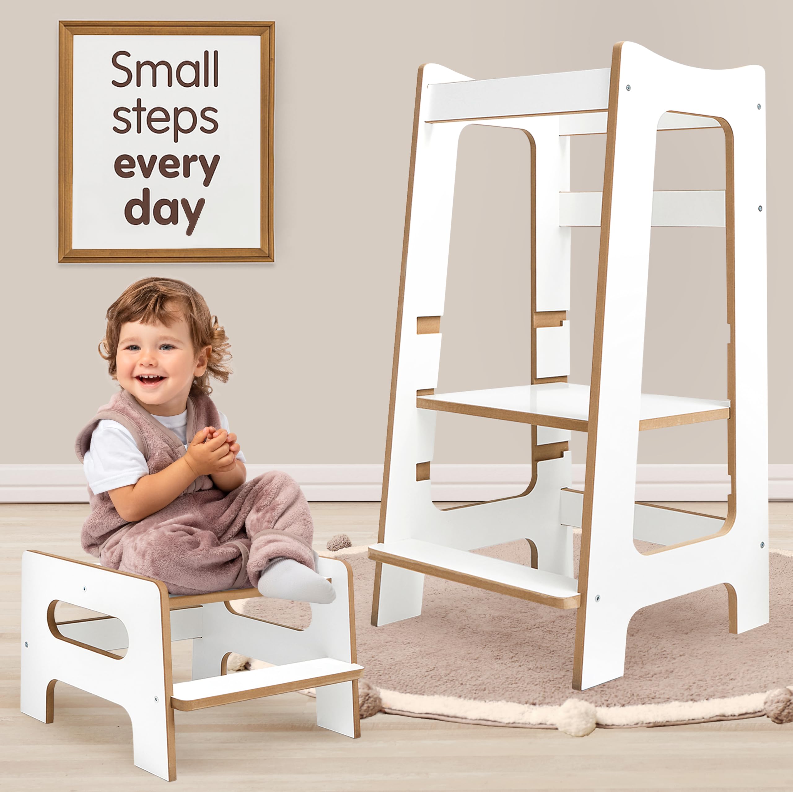 Torre de Aprendizaje Montessori 2 en 1 con Taburete Adicional – Torre de Aprendizaje Infantil Ajustable para Lavabo o baño, Blanco/Pino