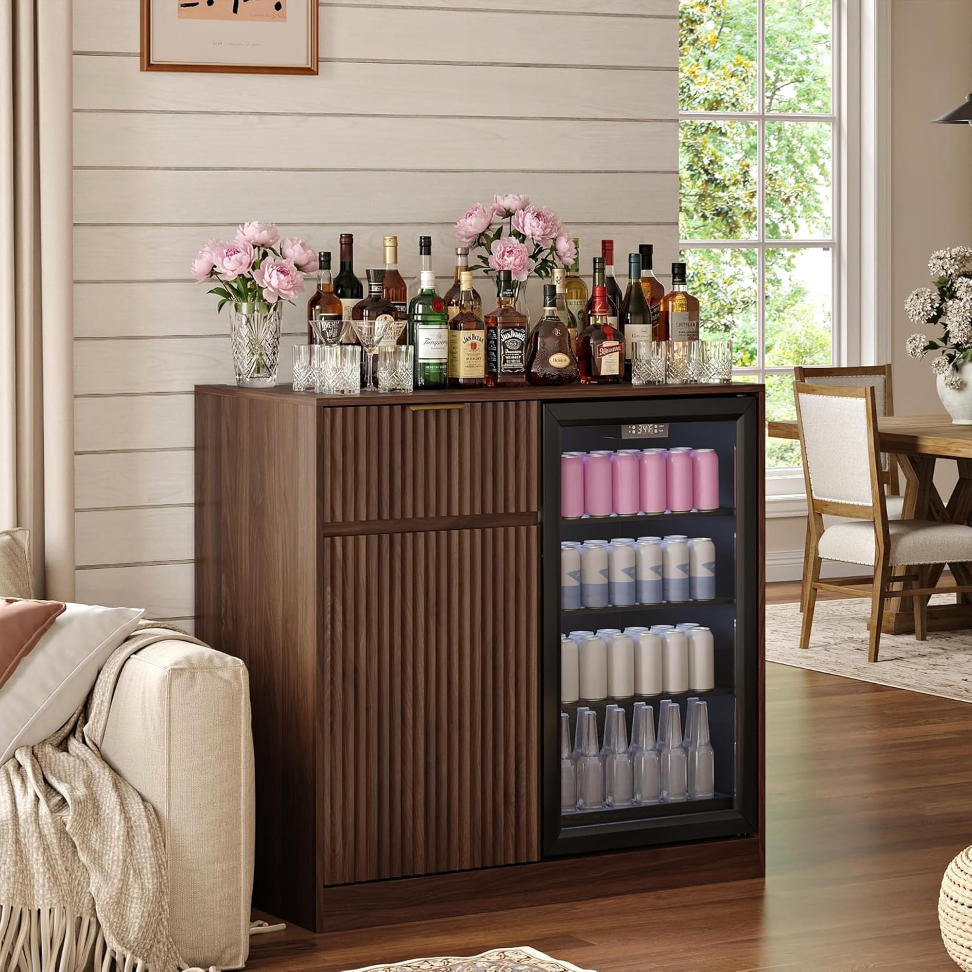 Photo 1 of Mini Fridge Cabinet with Power Outlet, Coffee Bar Cabinet with Fridge Space & Wine Glass Rack, Fluted Buffet Sideboard with Drawer & Adjustable Shelf, Home Bar Cabinet for Living, Dining Room Kitchen