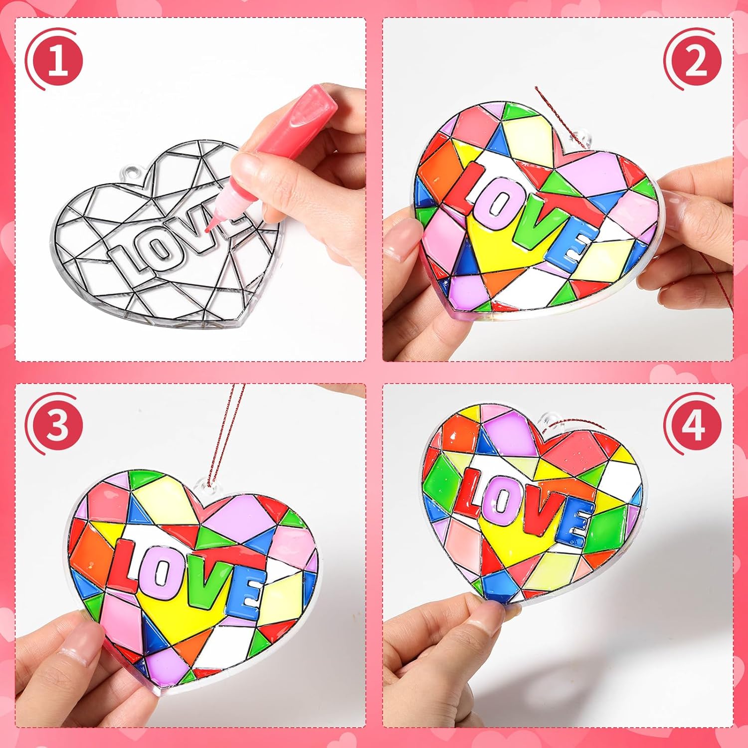 Blueweenly 36 Pcs Valentine's Day Craft Kit 24 Pcs Heart Suncatchers Painting Crafts 12 Colored Paints Valentine's Day Suncatcher Decoration Window Paint Art Sun Catchers Gift Art Project