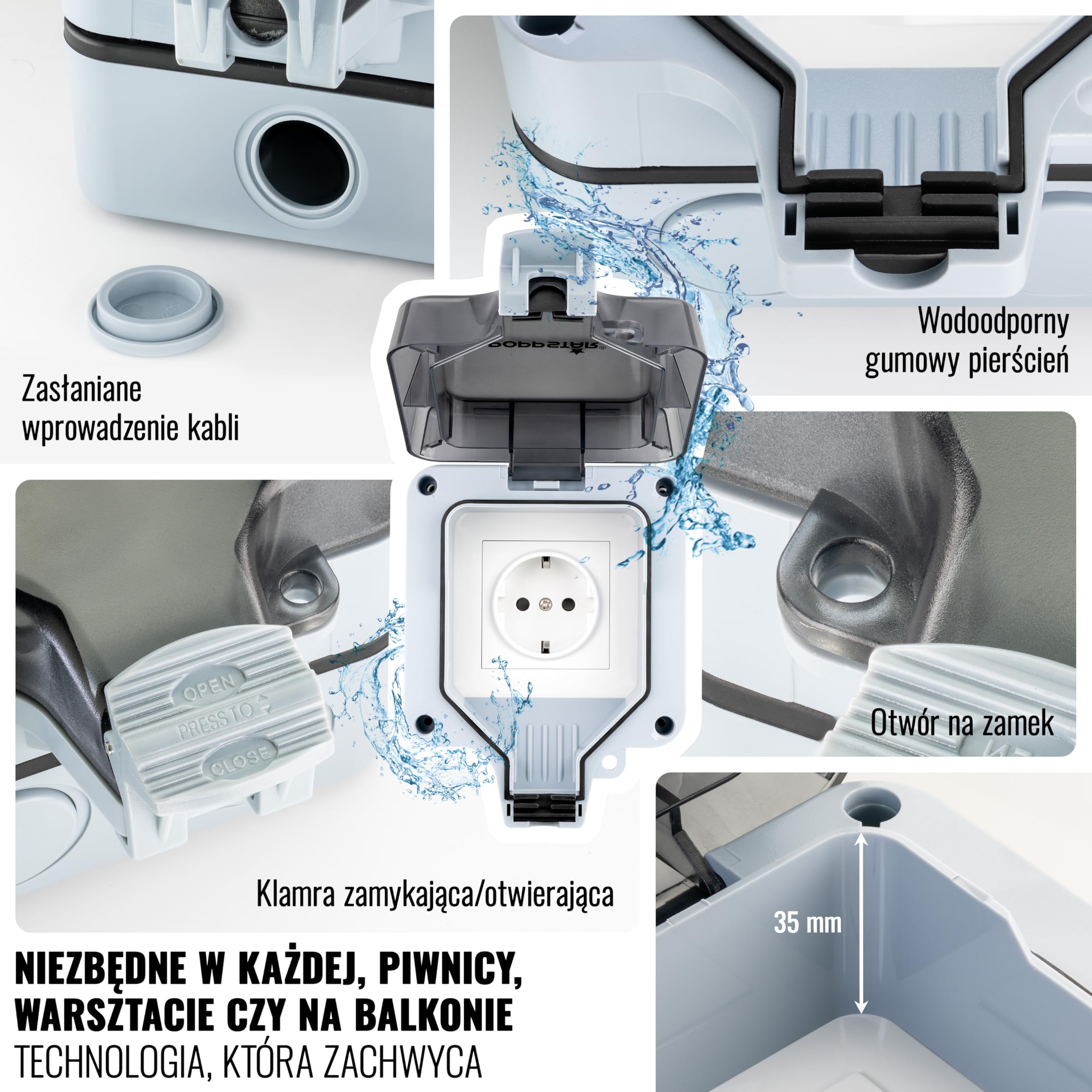 Poppstar wodoodporne gniazdko elektryczne, zewnętrzne, IP66 (gniazdko pojedyncze natynkowe z pokrywą na zawiasach), jasnoszare