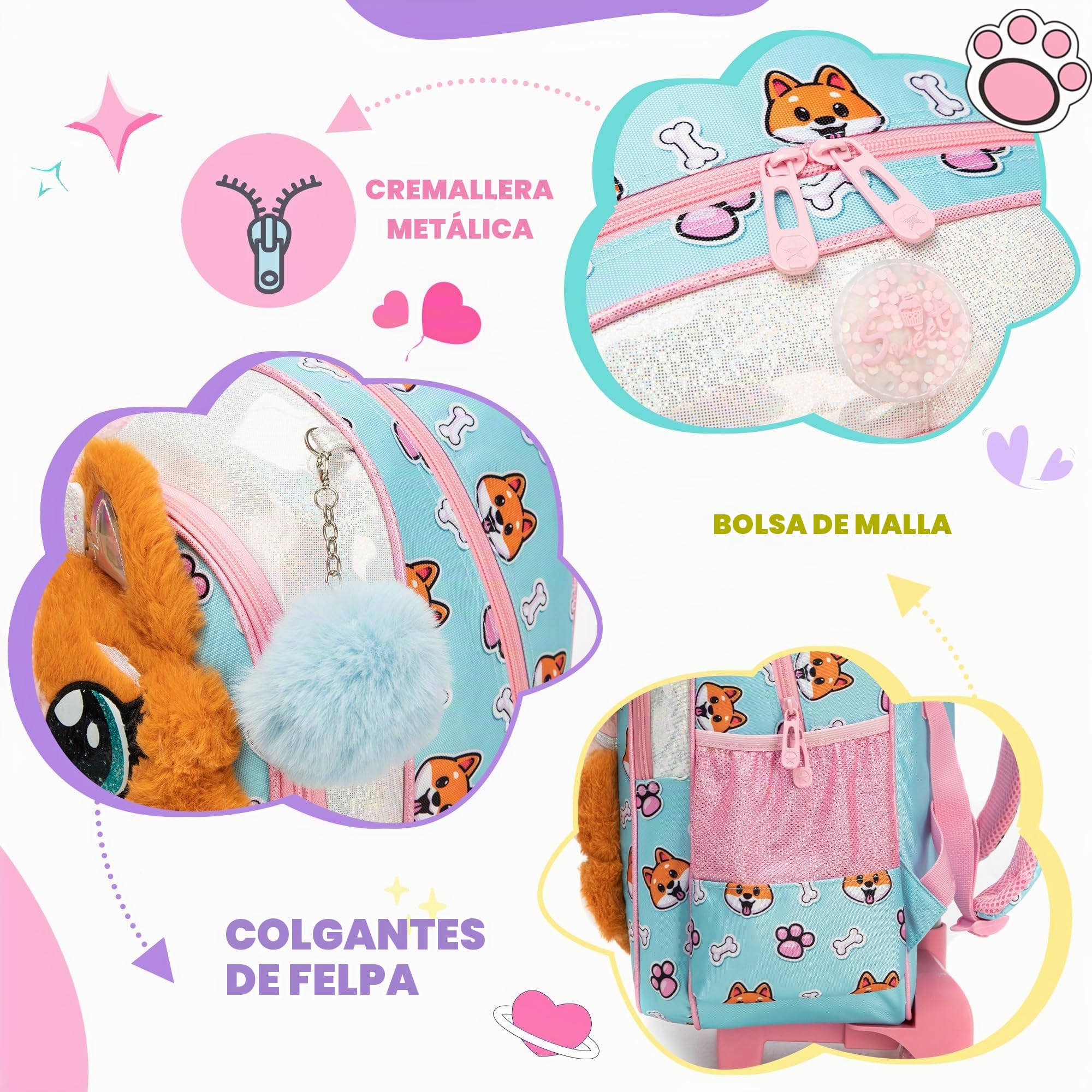 HTgroce Mochilas Escolares Niña con Ruedas, Mochilas Trolley Escolares 3 en 1 Bolsa de Estuche 7 años