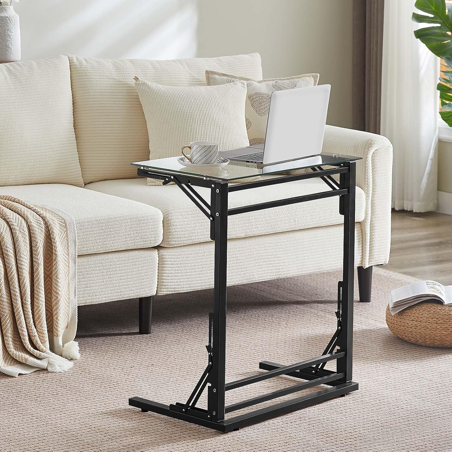 Tatub 24 Folding C Shaped End Table Small Tempered Glass Side Table for Couch or Bed Foldable TV