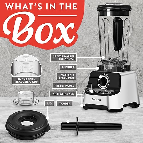 Miniatura 9 de Gourmia Licuadora de encimera - Jarra sin BPA de 2 L, 4 preajustes, motor de alta velocidad de 1500 W (45,000 RPM), marcación de velocidad variable,