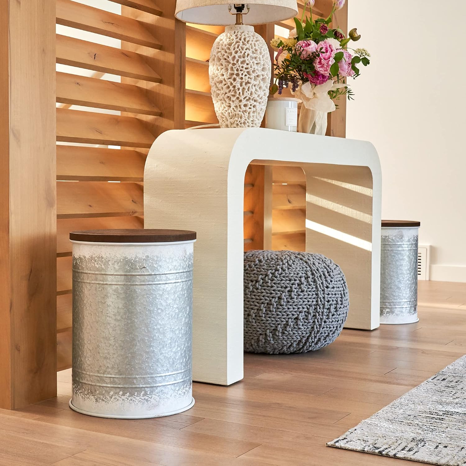 Decorative End Table Set of 2 - Galvanized Metal Side Tables with Wooden Lid - Rustic Farmhouse Style Blanket Storage to Enhance Your Home Decor and Outdoor Porch Furniture