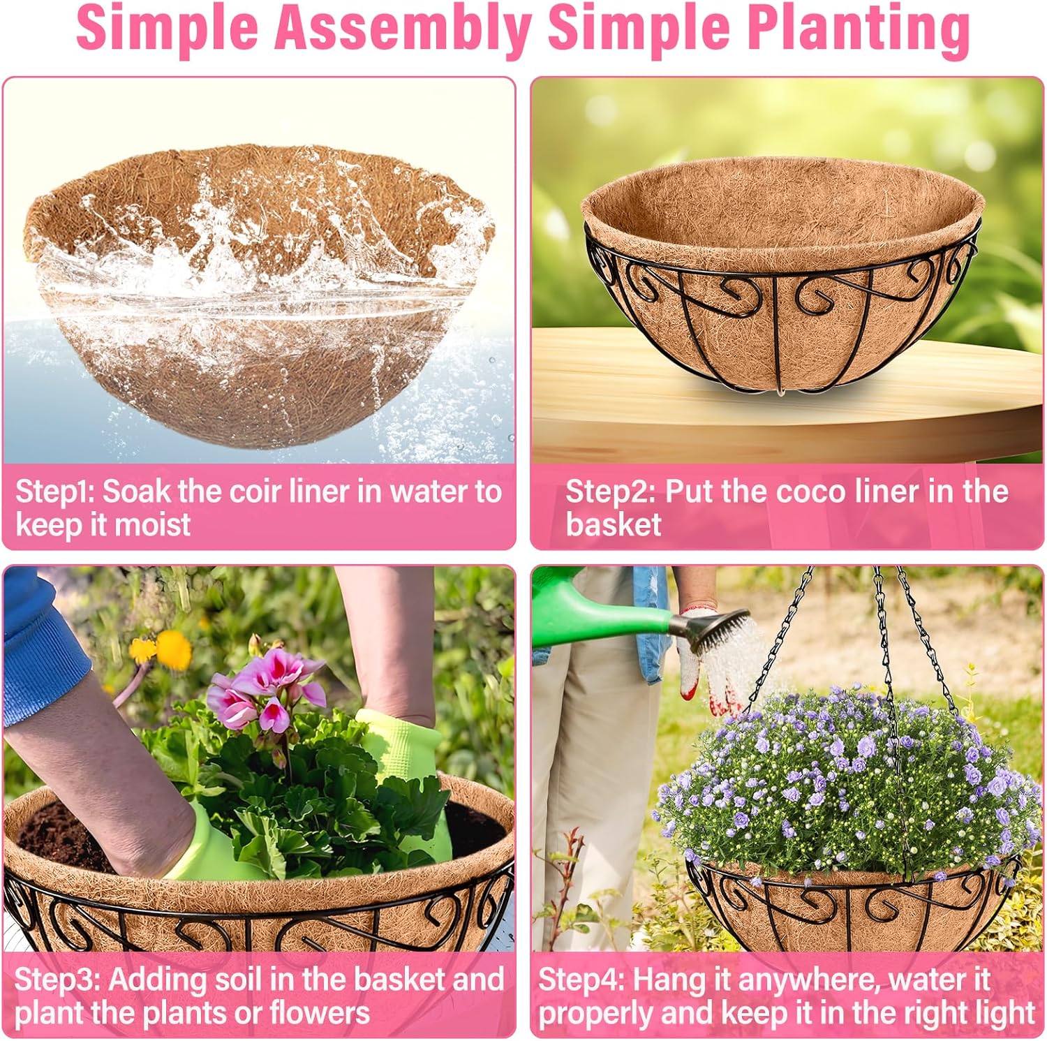 Legigo 6 Pack 14 Inch Metal Hanging Baskets for Plants Outdoor- Round Wire Hanging Planters Basket with Coconut Coir Liner, Hanging Flower Pot for Outdoor Plants Flowers Garden Decorations