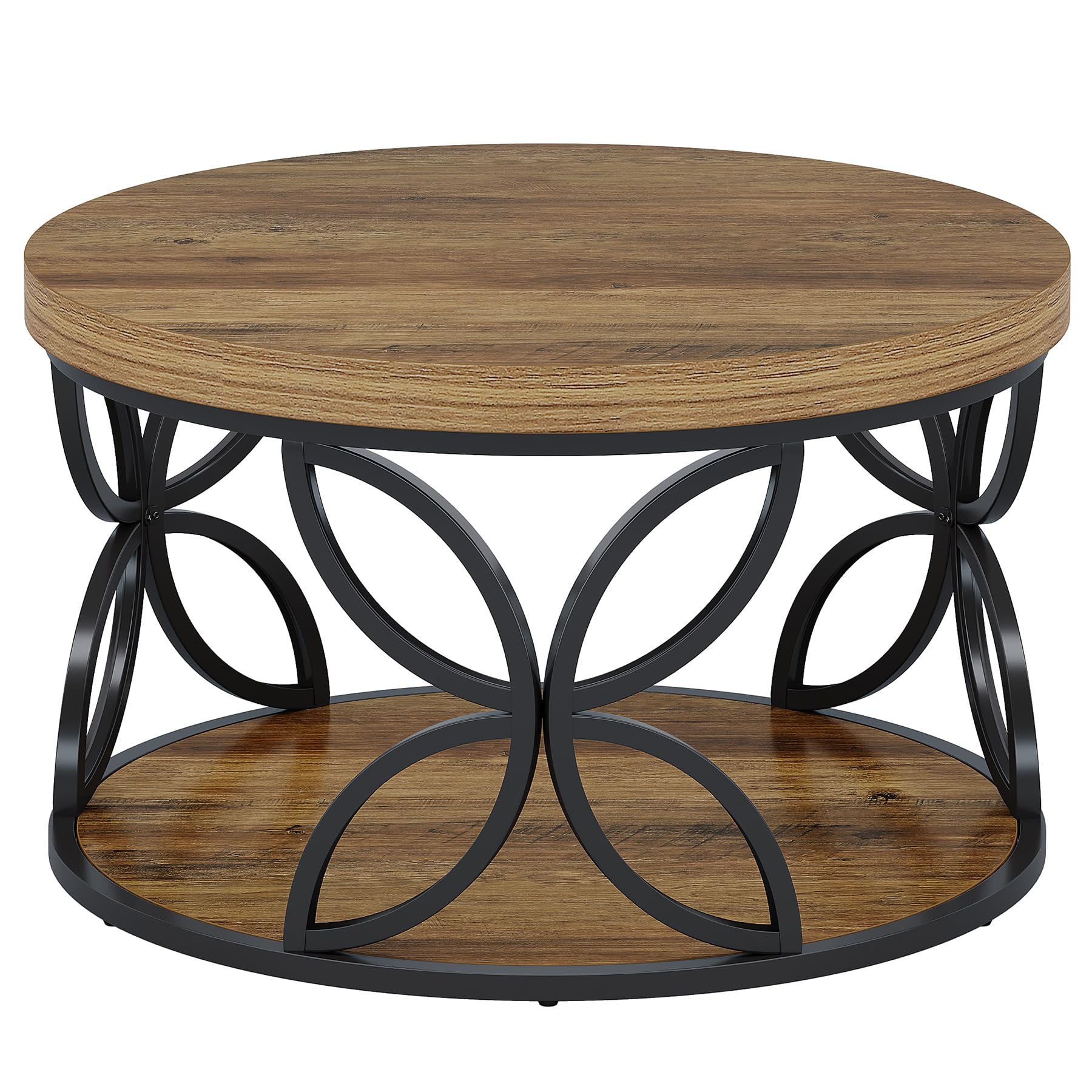 Tribesigns Couchtisch Rund 80 cm mit Stauraum, Runder Couchtisch mit Ablage, 2 Ebenen Wohnzimmertisch im Landhausstil, Sofatisch Holz Metall für Wohnzimmer, Büro, (Rustikal Braun)