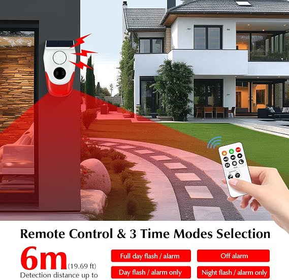 eMylo Solar Motion Sensor Alarm Outdoor, 120dB Loud Noise Maker&Strobe Lights, Remote Control, IP65 Waterproof, 3 Work Modes Motion Detector for Deer/Bear Deterrent, Driveway, Home, Villa, Farm, Barn