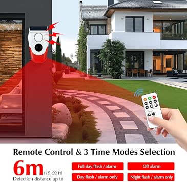 eMylo Solar Motion Sensor Alarm Outdoor, 120dB Loud Noise Maker&Strobe Lights, Remote Control, IP65 Waterproof, 3 Work Modes Motion Detector for Deer/Bear Deterrent, Driveway, Home, Villa, Farm, Barn
