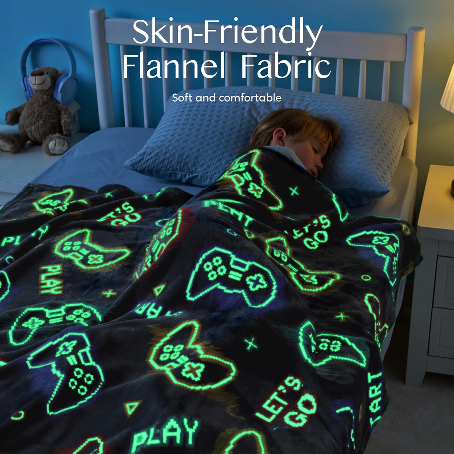 Joiedomi Glow in The Dark Gaming Blanket Gamer Gifts for Boys Age 2 3 4 5 6 7 8 9 10 11 12 Year Old, Soft Cozy Flannel Kids Throw Blanket, Birthday Bedroom Decor Grey 50"×60" - Image 4