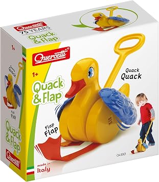 Quercetti Quack and Flap Duck Push Toy - Makes Sounds and Flaps Wings as it Rolls, Helps Toddlers Learn First Steps and Promotes Walking, for Kids Ages 1 - 3 Years , Yellow