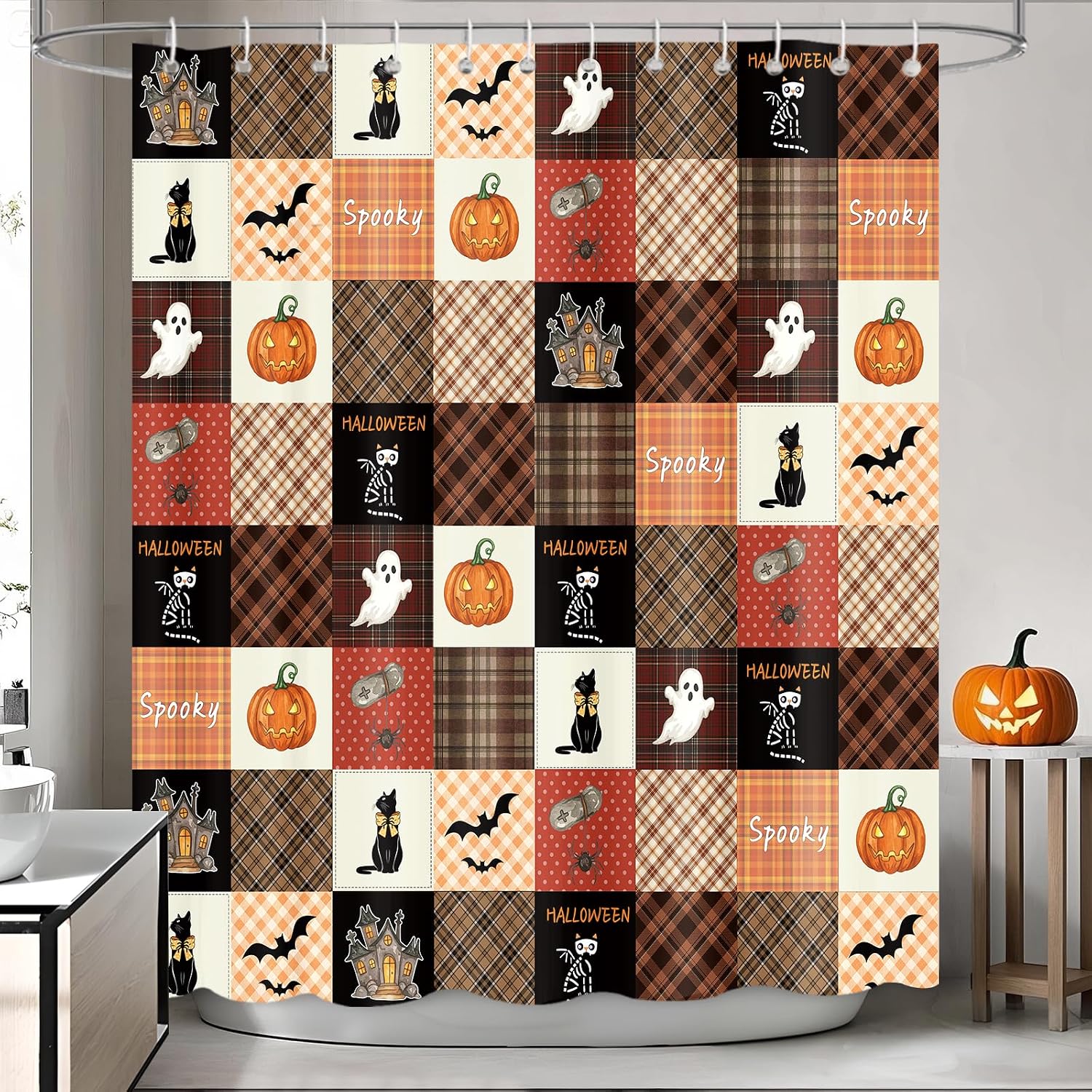 APROPHIC Patchwork Halloween Shower Curtain Buffalo Plaid Bathroom Decor