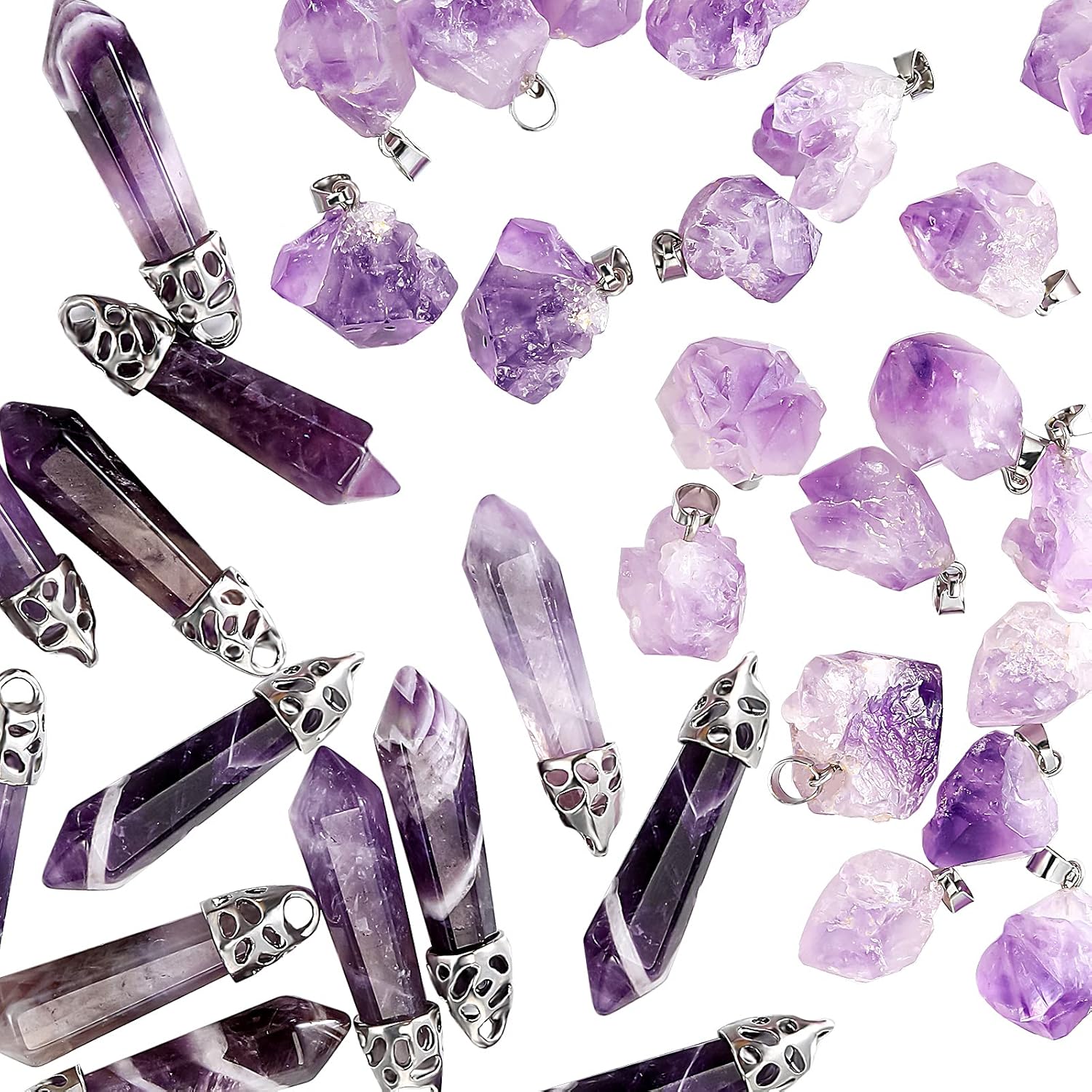 32 Pieces Bullet Necklace Amethyst Pendants Amethyst Necklace Natural Gemstone Gemstone Pendants Set Including 20 Irregular Rock Pendant and 12 Bullet Shape Charms for DIY Jewelry Making Supplies