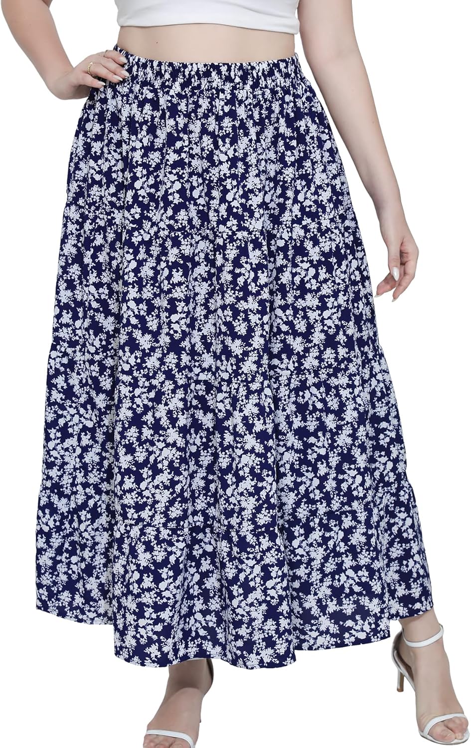 Women's Long Maxi Plus Size Skirt 2026 Trendy Flowy Elastic High Waist Casual Spring Swing A-line Floral Skirts