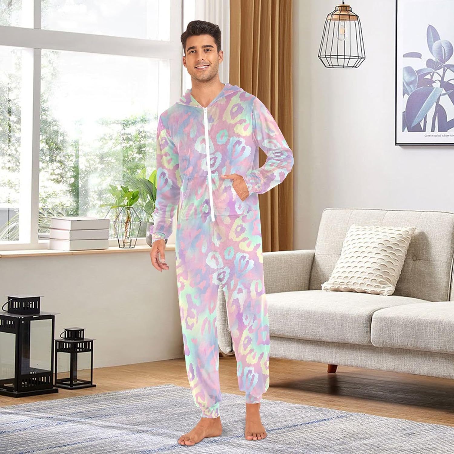 Pink Neon Leopard Print Cheetah Adult Onesie Pajamas for Unisex Novelty One Piece Costume Sleepwear