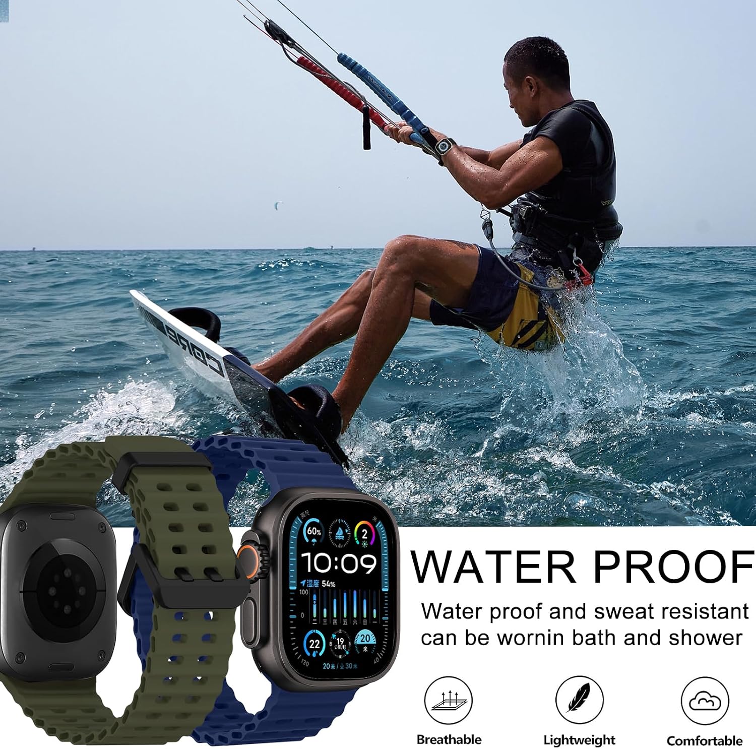 Ocean Silicone Sport Band - Compatible With Apple Watch Ultra 2/Ultra 49mm 45mm 44mm for Men Women, Breathable Soft Waterproof Strap for iWatch Series 10 46mm SE/9/8/7/6/5 image 4