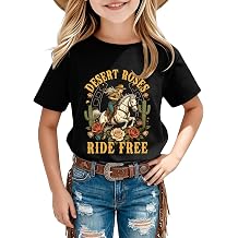 Girls Western Cowgirl Shirt - Kids Rodeo Horse Short Sleeve Tee Country Top | Horse Riding Shirt, Graphic T-shirts, Desert Roses Ride Free, Floral Print, Summer Outfit, Western Themed Party, Halloween