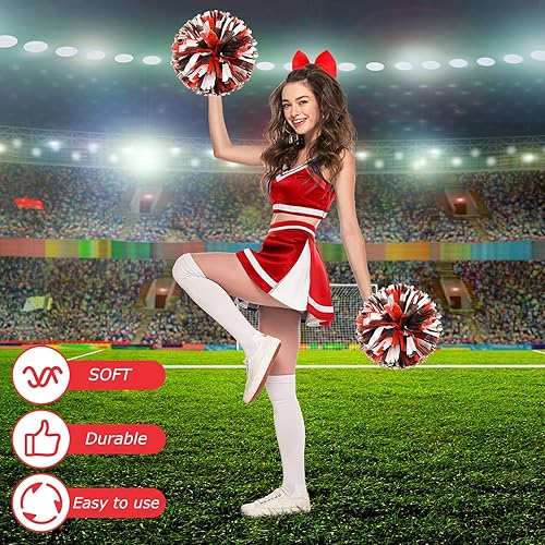 Miniatura 261 de Hanaive 3 pompones de animadora y lazo grande para animadora para el pelo, suministros metálicos para animadora de espíritu de equipo, deportes