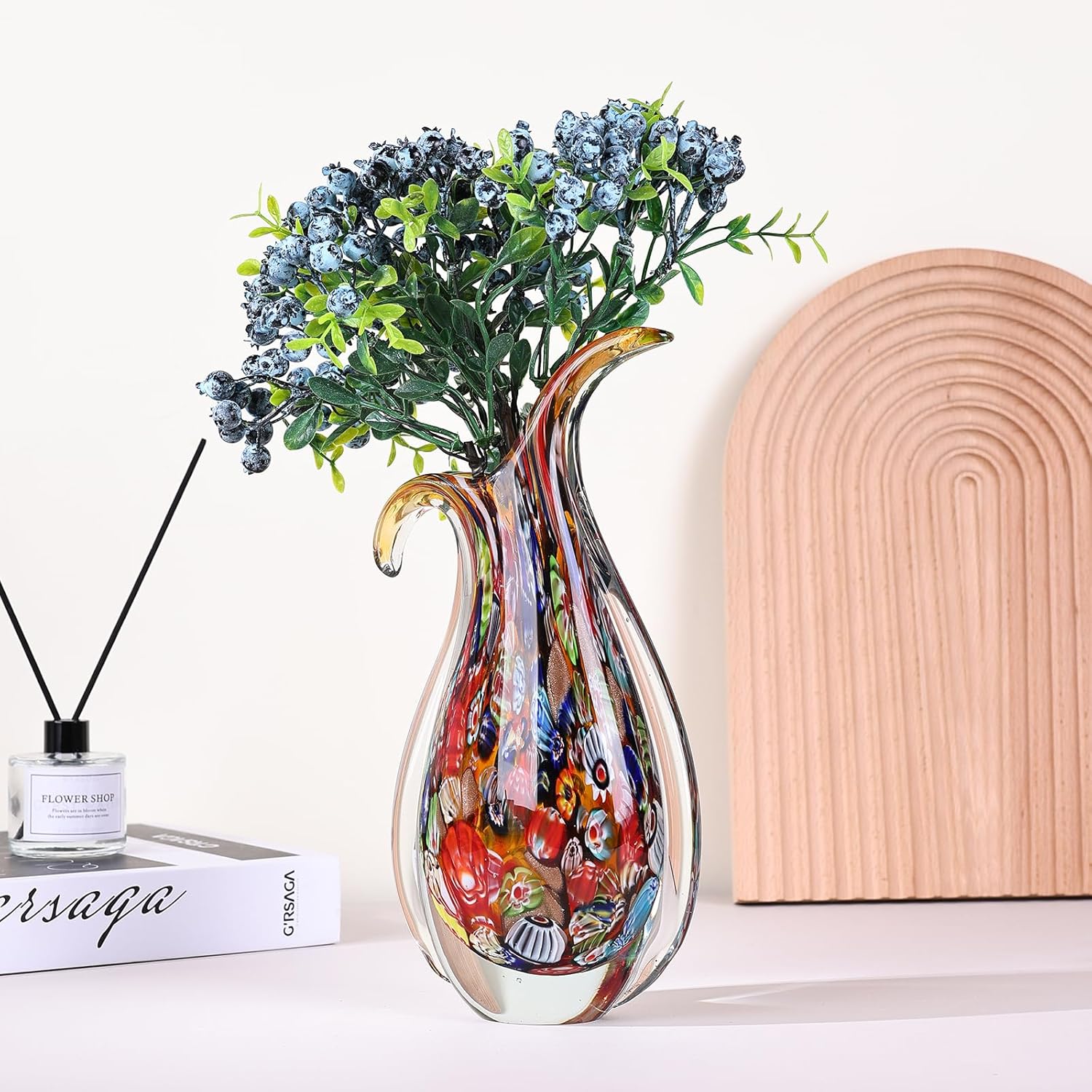 Hand Blown Glass Vase for Centerpiece, Murano Style Table Decoration, Red Blown Art Glass Ellipse Flower Vase, Single Stem Beautiful Decor for Home, Beachy Room Decor for Home Shelf - Image 4