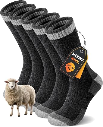 YUTYTH 5 Pairs Merino Wool Socks Mens Winter Thick Thermal Hiking Socks