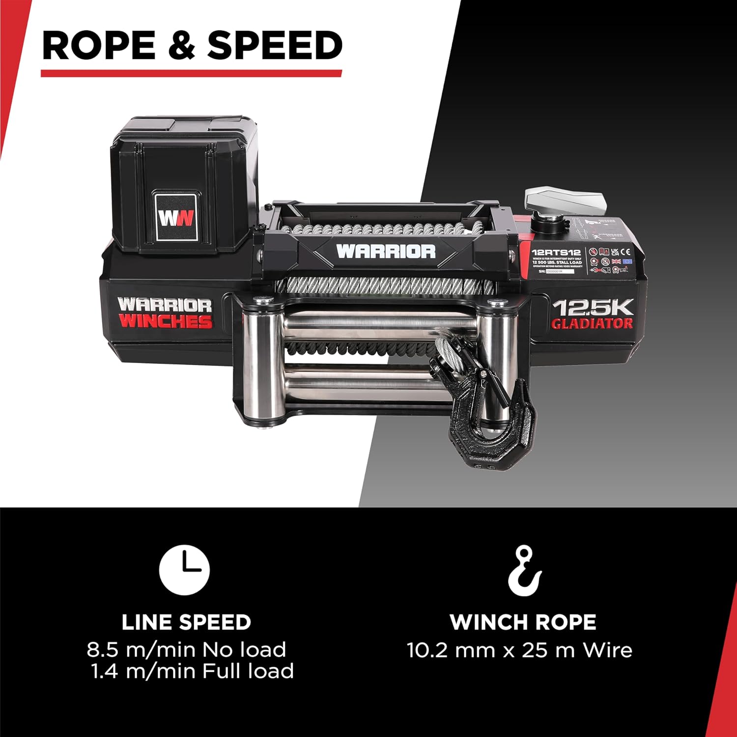 Warrior Winches Gladiator 12500lbs Winch 12v Electric Winch with Steel Rope with Wired/Wireless Remote and Powerful Motor, IP68 Waterproof Electric Winch, for Offroad, Jeeps, SUVs, 4x4, Truck Winch
