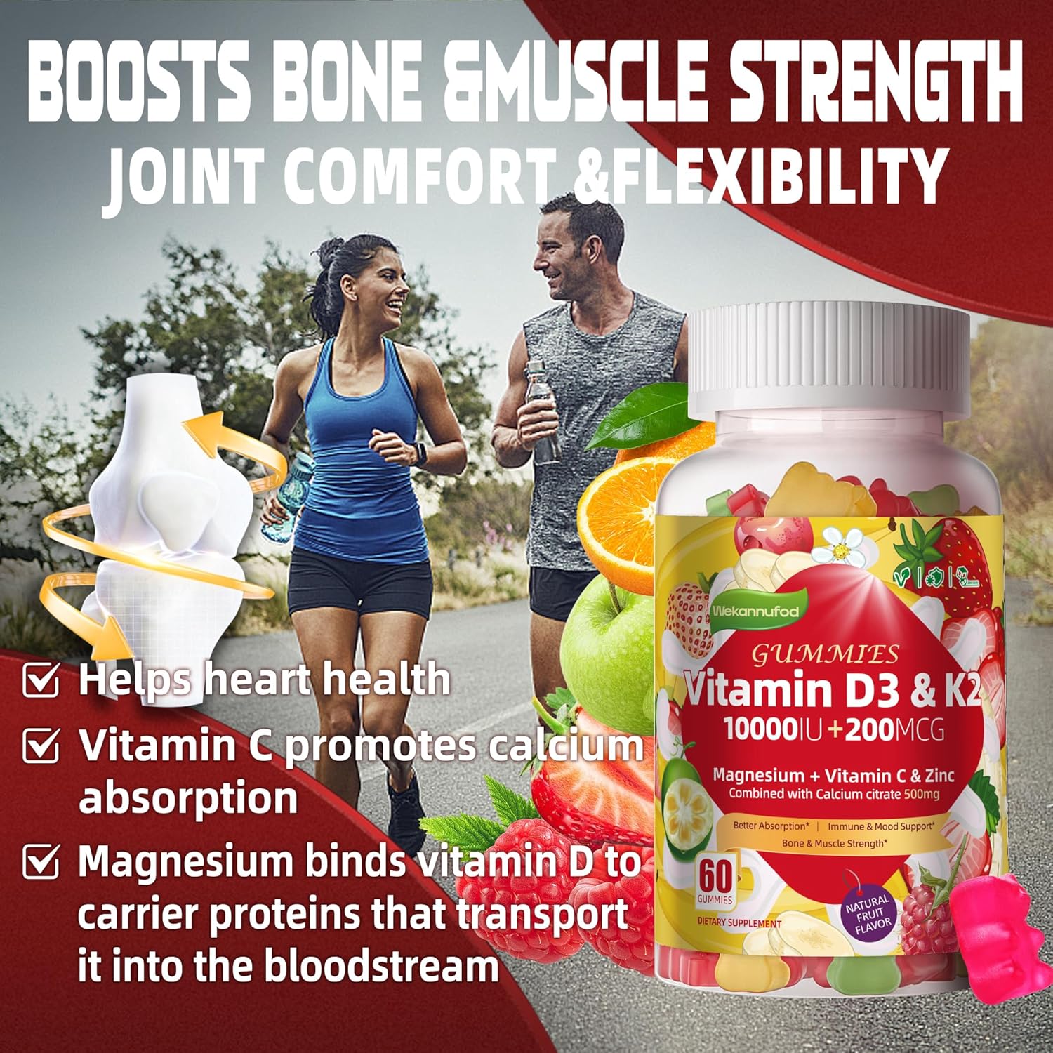 Sugar-Free Vitamin D3 K2 Gummies with Calcium + K2 (MK-7), Magnesium Citrate, Vitamin C, Extra Strength - Ultimate Absorption for Bone Muscle Teeth Immune, Vegan - 60 Gummies - Image 7