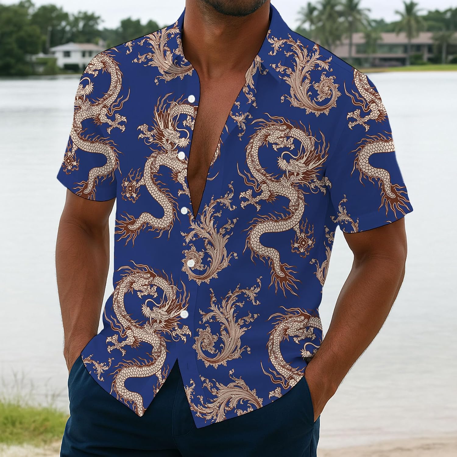 Mens Dragon Shirt Button Down Beach Casual Bowling Shirts