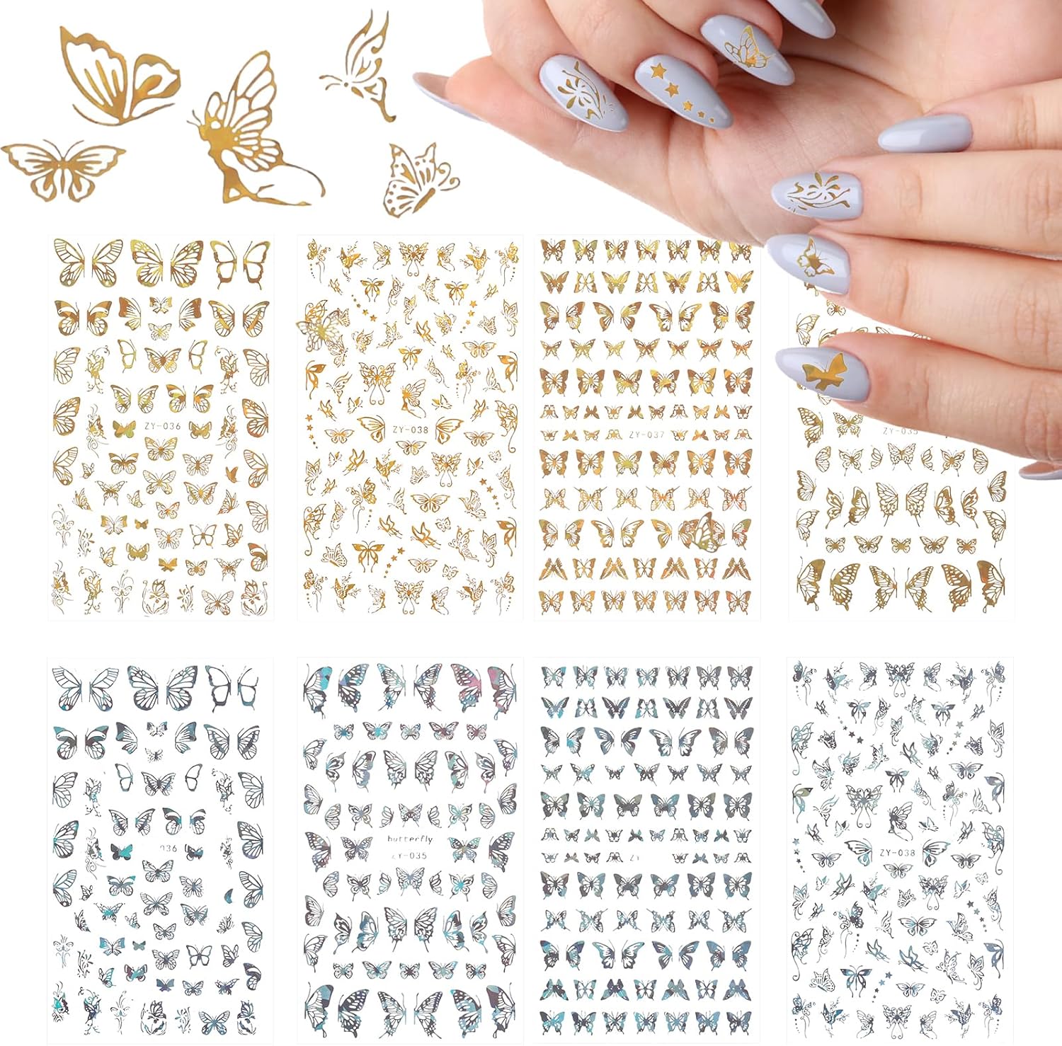 8 Sheets 3D Butterfly Nail Stickers Laser Butterfly Stickers Gold