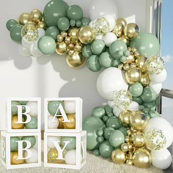 Balloon Garland Arch Kit Sage Green, White, Metallic Gold & Confetti Balloons & White Boxes with Sage-Green, Gold, Gold Confetti, and White Balloons