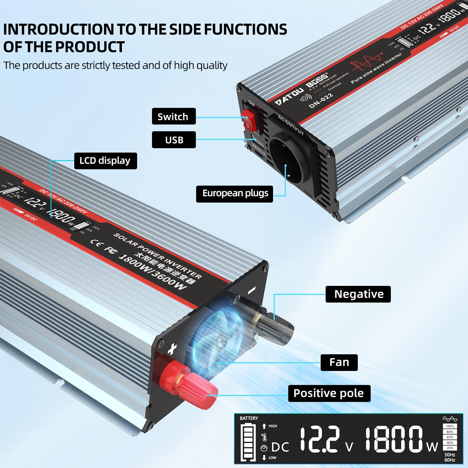 DATOUBOSS Inversor 12V 220V/230V Onda Sinusoidal Pura 1800W Convertidor De Voltaje Pico De Potencia 3600W con Tomas EU, Puerto USB Y Pantalla LCD para Electrodomésticos Caravana Camión Camping, Gris