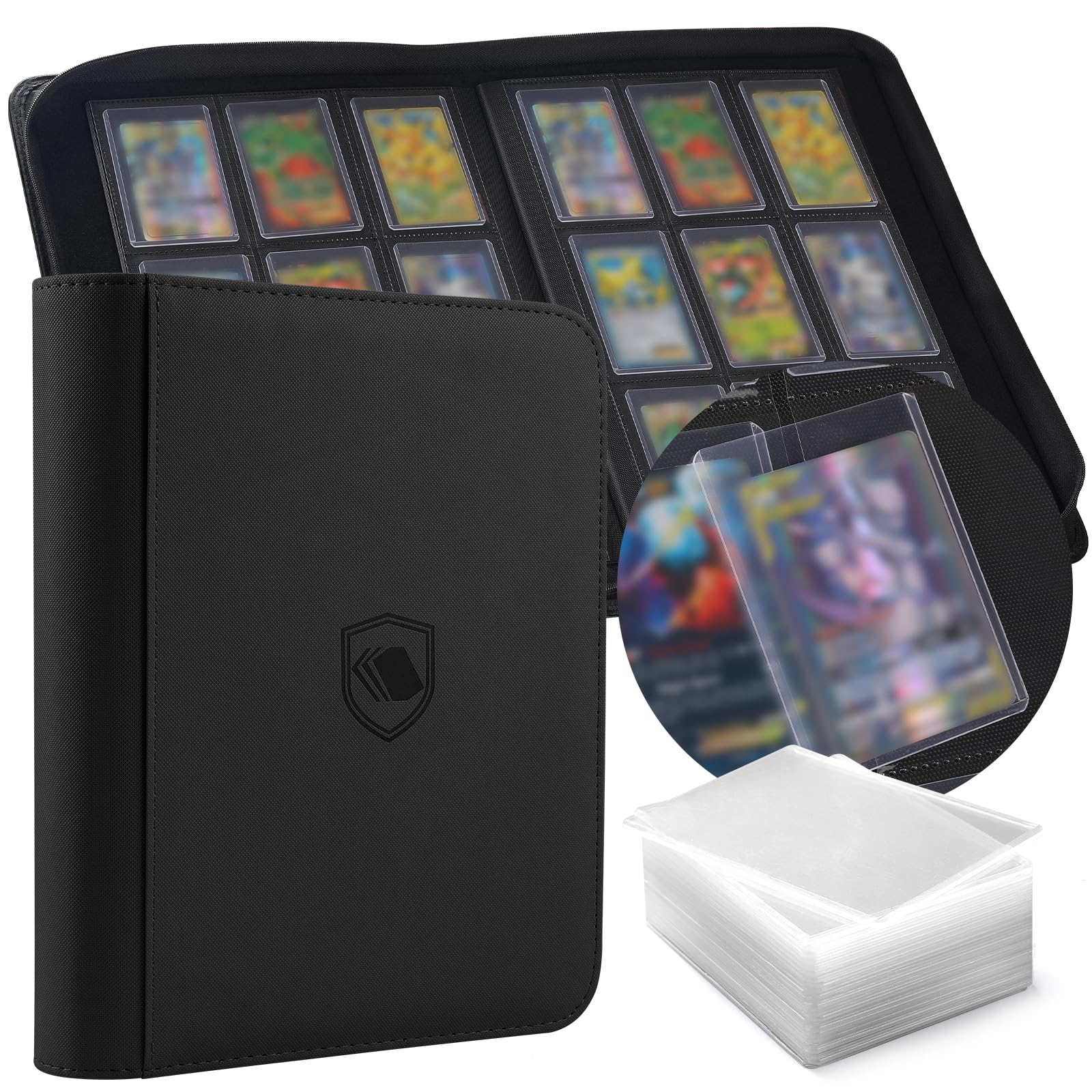 Toploader Binder, Holds 360 Toploader, 100 Toploaders INCLUDED, 9-Pocket PU Cover Top Loader Binder for 3" x 4" Rigid Toploaders, Ringless