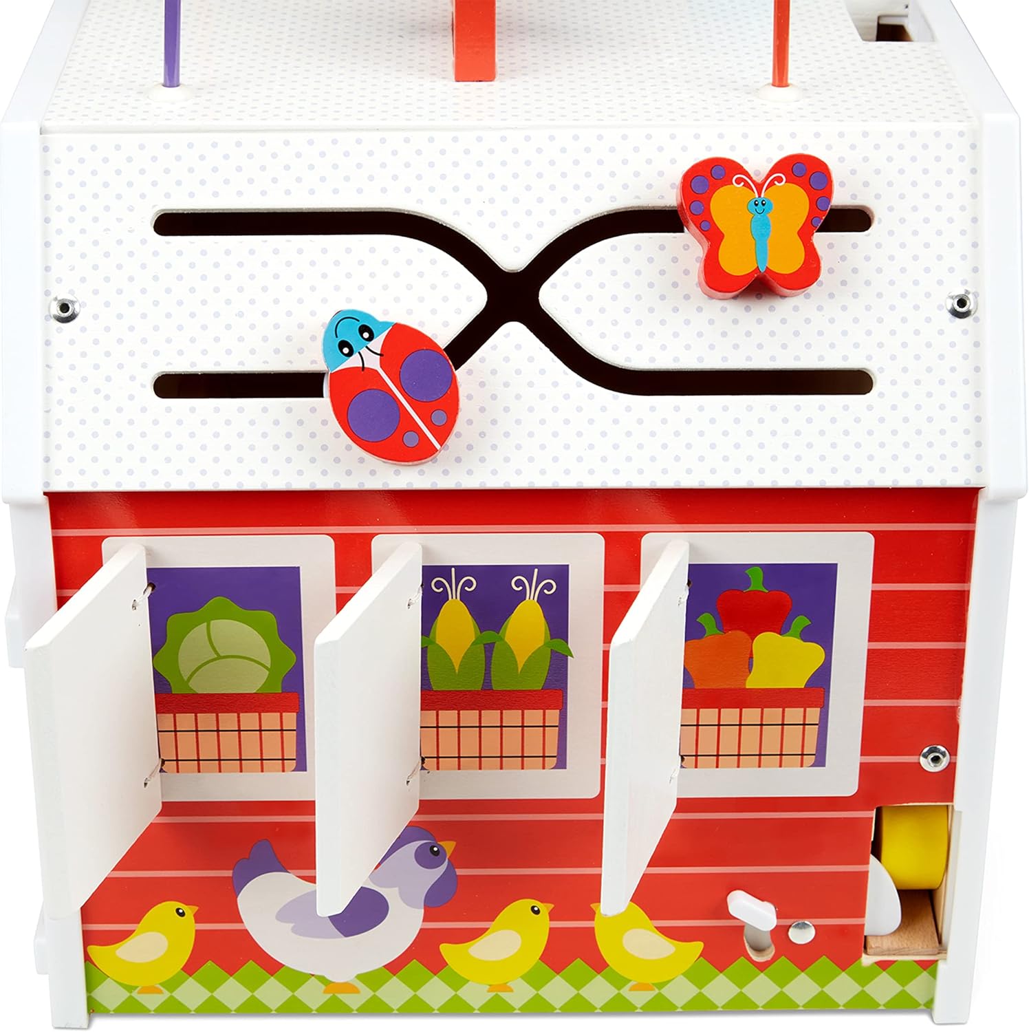 Melissa & Doug First Play Slide, Sort & Roll Wooden Activity Barn with Bead Maze, 6 Wooden Play Pieces (11.75” x 11.75” x 20” Assembled)