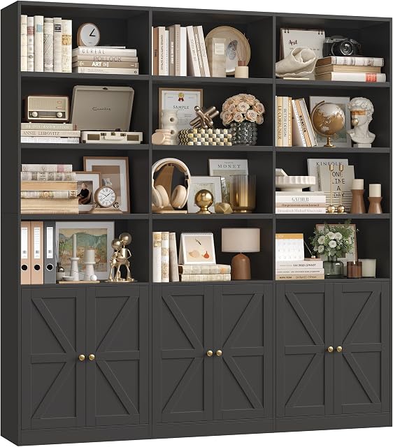 FACBOTALL 75" Triple large bibliothèque, bibliothèque et bibliothèque avec 6 Ferme Portes, 71" Large 6 Tablette de livre Tier avec 18 Étagères de rangement, grandes étagères en bois, grande bibliothèque pour le bureau à domicile, noir